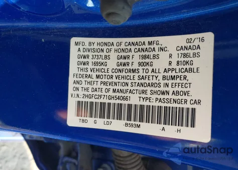 2016 Honda Civic Ex from USA, damaged, VIN 2HGFC2F71GH540661